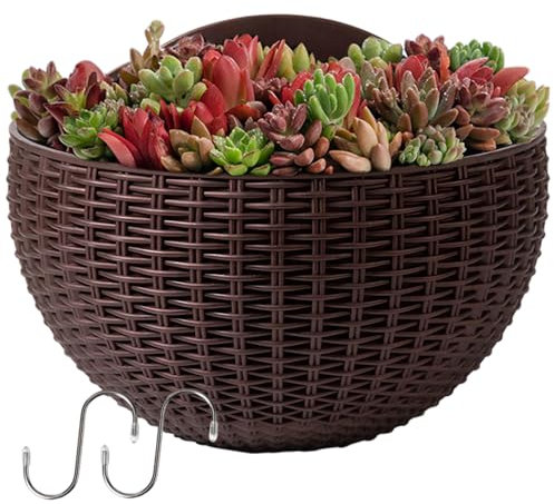HoveeLuty Wand-Pflanzgefäß, halbrund, Rattan-Geländer-Pflanzgefäß, vertikaler Wand-Hänge-Pflanzgefäß mit S-Haken, dekorative Wandtöpfe für Pflanzen, Innengarten, Balkon, Geländer, Regal, Zaun