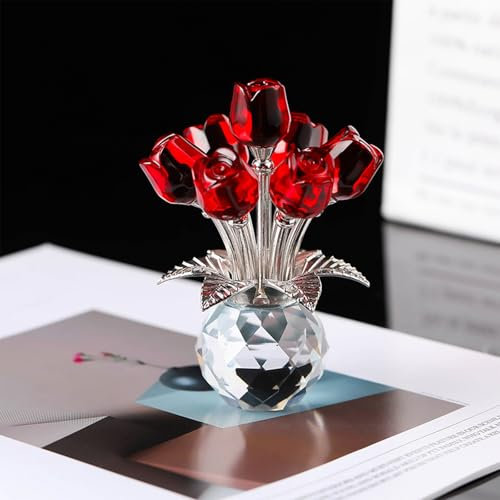 Figurine de Bouquet de Roses en Cristal Rouge avec Vase, Cadeaux de Fleurs de Roses pour Maman et Femme, Fleur en Verre pour la Saint-Valentin, Un Anniversaire de Noël, Ornement