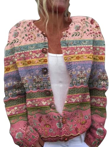 YIzdegg Christmas Cardigan, Women's Colourful, Patterned Knitted Jumper, V-Neck, Long Sleeve Knitted Coat with Buttons, Winter Jacket, Casual Floral Print, Winter Jacket, Loose Coat, Knitted Jumper,