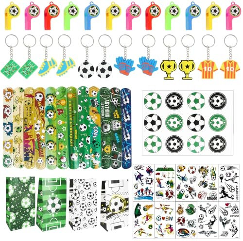 MIHURO 70 Stück Fußball Party Mitgebsel Kinder, Mitgebsel Fussball Geburtstag Junge mit Fußball Papiertüten/Geburtstagstüten Kinder Fußball-Pfeifen Schlüsselanhänger Armband Aufkleber