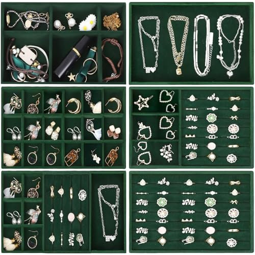 Lighterday Schmuckaufbewahrung Schublade,6 Stuck Schmucktablett,SchmuckkäStchen Schmuck Organizers Samt Stapelbar,Jewelry Organizer für Schmuck,Ohrringe,Armband,Ringe Aufbewahrung (Dunkelgrün)