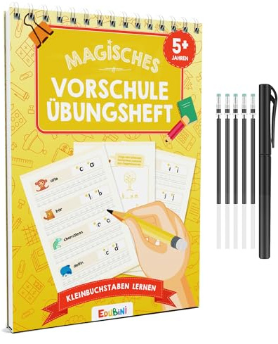 Magische Vorschule Übungshefte ab 5 Jahren für Junge & Mädchen - [Heft + Stift] - Wiederverwendbare Schreiblernhefte für Vorschule - Buchstaben lernen, Schreiben lernen (Kleinbuchstaben lernen)