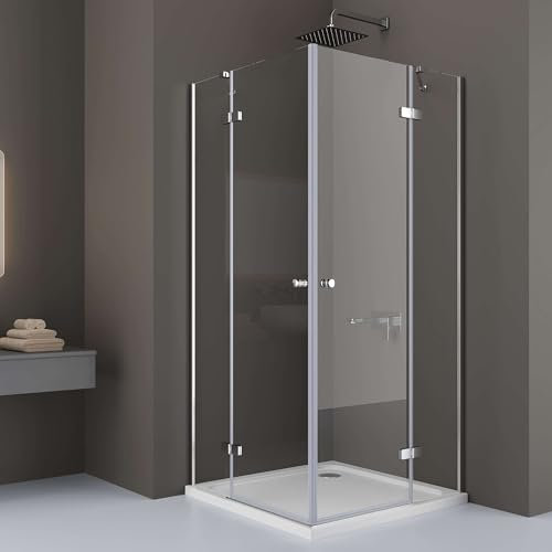 DOOLEEWEE Glasduschen,90x90cm Duschkabine,Drehtür mit Festteil für Eckeinstieg Drehtür 4-teilig, aus 5 mm durchsichtigem ESG - Sicherheitsglas