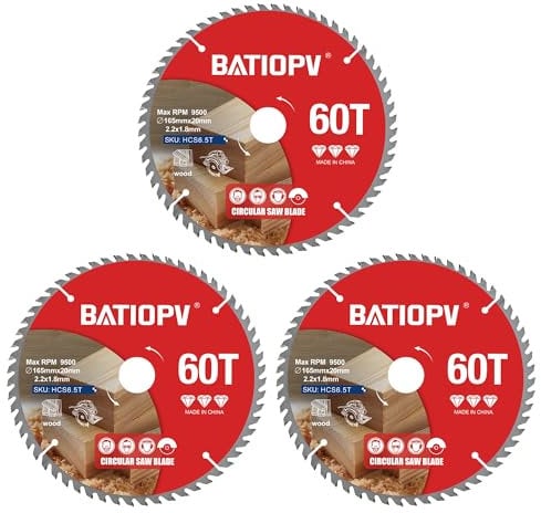 BATIOPV Lama per sega circolare 165 x 20 mm x 60 denti, 3 pezzi (per legno, truciolato, compensato, legno duro, ecc.) Lama per sega 165 x 20 compatibile con Dewalt Makita Bosch, lame per taglio di