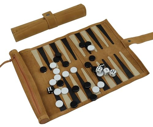 ELLENNE - Backgammon aus echtem Leder mit handgenähten Nähten - tragbar für Reisen aufrollbar