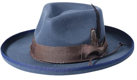 Handgjord ull Fedorahatt för män lyxig brett brätte trilby hatt för män vintage stil konkrona hattar för män Storbritannien höst vinter justerbar med bältesfjäder (58–60 cm) blå