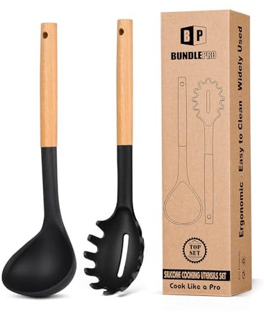 Silicone Pasta Fork and Ladle Spoon Set with Wooden Handle, Heat Resistant Non Stick Kitchen Utensils for Cooking, Stirring, Serving Spaghetti, Soup, Sauce (Black)