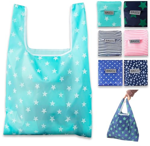 6 stycken vikbar shoppingväska, återanvändbara shoppingväskor, miljövänlig shoppingväska, Lättvikt 27g Polyester, Med Handtag, Kompakta Ekologiska, för Shopping, Resor och Picknick (48x32x5 cm)