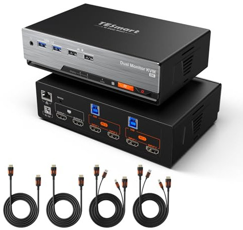 TESmart USB 3.0 HDMI KVM Switch HKS202Master, 2 PC 2 Monitor 8K@60Hz KVM Umschalter Dual Monitor 4K@144Hz für Gaming Dock, unterstützt EDID, Gigabit Netzwerk, Hotkey Switch, Audio Mikrofon