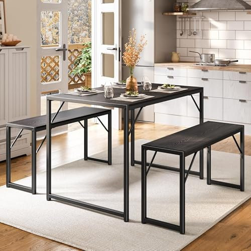 Bealife Set tavolo da pranzo 2 + 1, tavolo da cucina con 2 panche salvaspazio, piedini regolabili in altezza, robusto telaio in acciaio, facile da pulire, per sala da pranzo, cucina e soggiorno (nero)