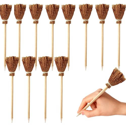 Wqafe 12 Stück hexenbesen Holzbleistifte, Halloween Hexen Zubehör Besenstiel Kugelschreiber multifunktional Bleistift Besen Natural Holz Zauberstab Bleistifte für Partys Geschenke Dekoration