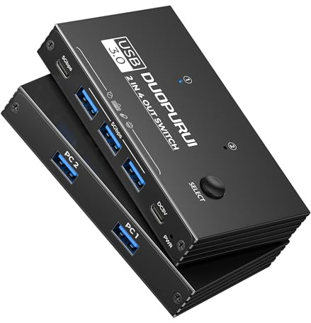 DUOPURUI USB 3.0 Switch 2 Computers Sharing USB C & A Devices,Easy One-Click Device Switching with USB-C Cable & USB-A Cable,USB Switch Hub Share Keyboard Mouse Printer Scanner(USB3.0 2in4out)
