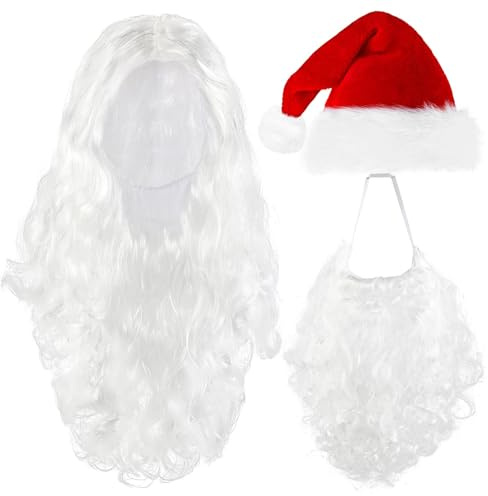 Weihnachtsmann Bart + Perücke + Mütze,Weihnachtsmann Kostüm Weihnachtsmütze Bart und Perücke,Erwachsene Kostüm Accessoires für Weihnachten Heiligabend Weihnachtsparty