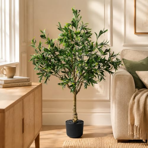 Olivos artificiales para interiores y exteriores, olivos falsos de 3.6 pies para interior, olivo sintético en maceta, plantas de olivo grandes con maceta, tronco de olivo natural, hojas de frutas