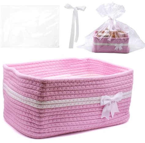 Präsentkorb Leer Geschenkkorb Geflochtener Korb für Geschenke (Rosa) | Geschenkkörbe mit Cellophantüten und Schleife, Korb Geschenk Baumwollseil Körbe für Geschenke, Feiertage, Geburtstage