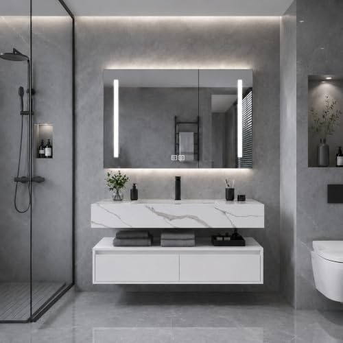 LumoHaus Waschbecken mit Unterschrank, Moderne und Schlichte Badmöbel Set | mit Spiegelschrank, Badezimmer Spiegelschrank und Waschtisch Set, Waschtisch mit Unterschrank
