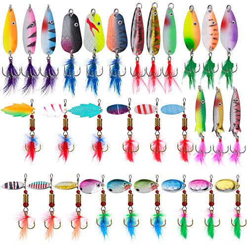 FREE FISHER Juego de 30 señuelos de pesca, cebos de pesca, cebos de pesca, cebos de pesca con forma de gallo, cucharillas de salmón, etc.