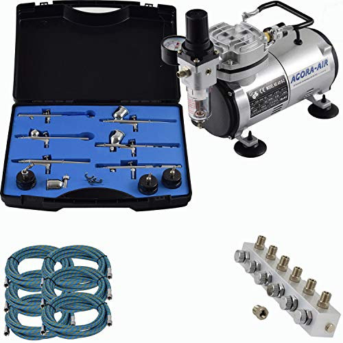 Agora-Tec® Airbrush Komplett-Set EXPERT XXII.2, Komplettsystem für Airbrushanwendungen, inkl. Kompressor mit 4 bar und 20l/min + 6 Airbrushpistolen mit 6 versch. Nadeln/Düsen + regelbaren 6-fach Luftverteiler + 6 Schläuche