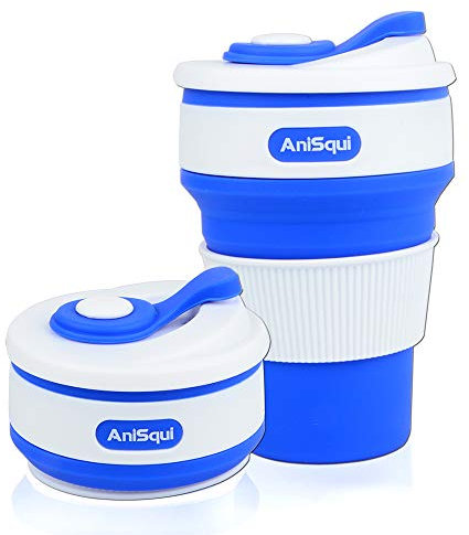 Collapsible Coffee Cup Silicone with Lids (12oz 350ml, BPA Free Eco Reusable Coffee Cup), Portable Coffee Cup, Foldable Coffee Mugs Collapsible Fits in Your Pocket by AniSqui (Navy Blue)