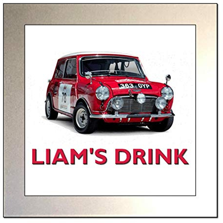 Personalised Classic Car Glass Drinks Coaster for AUSTIN-COOPER MINI Fans | Monte Carlo Rally Spec Austin-Cooper Mini Drinks Coaster,Premium Quality Glass Drinks Coaster 10cm by 10cm