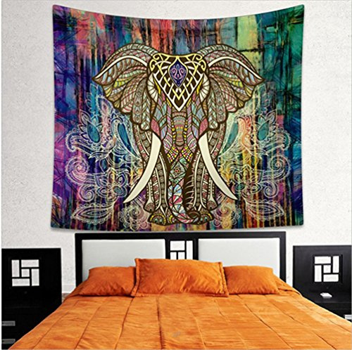 Mandala-Wandbehang, Wandteppich, Boho-Stil, Wohnheim-Dekoration, indischer Strandüberwurf, Wandkunst, Raumdekoration (210 x 150 cm, bunter Elefant)