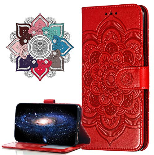 MRSTER Hülle Kompatibel mit Huawei Y7 2018, Premium Leder Flip Schutzhülle [Standfunktion] [Kartenfächern] PU-Leder Schutzhülle Brieftasche Handyhülle für Huawei Y7 2018 / Honor 7C. LD Mandala Red