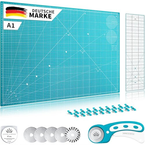 Lange & König Schneidematte Set A1 Inkl. Rollschneider, Schneideunterlage, Patchwork-Lineal, Nähklammern & Klingen - Super Nähzubehör Nähen Zubehör Stoffe zum Nähen Rollschneider Stoff Stoffklammern