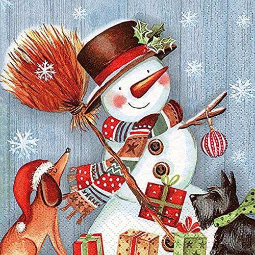 Servietten Papier 33x33cm 20 Stück Schneemann und Hunde Motiv - hochwertig & nachhaltig - Einweg Weihnachtsservietten 3-lagig - Papierservietten für Weihnachten Gastronomie Alltag - Bunt