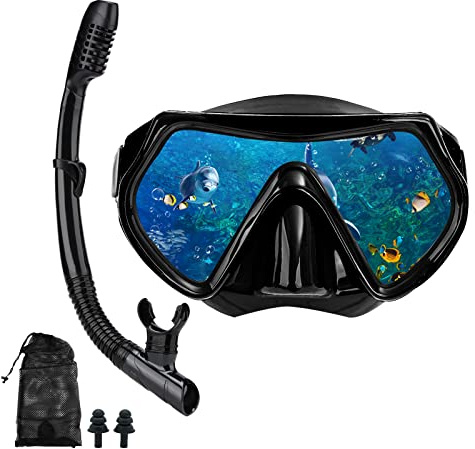 Schnorchelmaske, Schnorchel-Set für Erwachsene und Jugendliche, Tauchmaske und Volltrocken-Schnorchel-Schwimmbrille ist geeignet zum Schnorcheln, Tauchen, Schwimmen (schwarz)