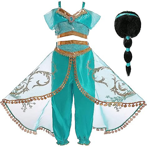 Monissy Prinzessin Jasmine Kostüm für Kinder Prinzessinnenkleid Mädchen Aladdin Weihnachten Geburtstag Verkleidung mit Zubehör Bauchtanz Halloween Fasching Perücke Stirnband,Grün 2,120