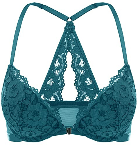 DOBREVA Women's Push Up Bra Support Racer Back Front Fastening Lace Padded Plunge Underwired Bra Spruce Green 38D
