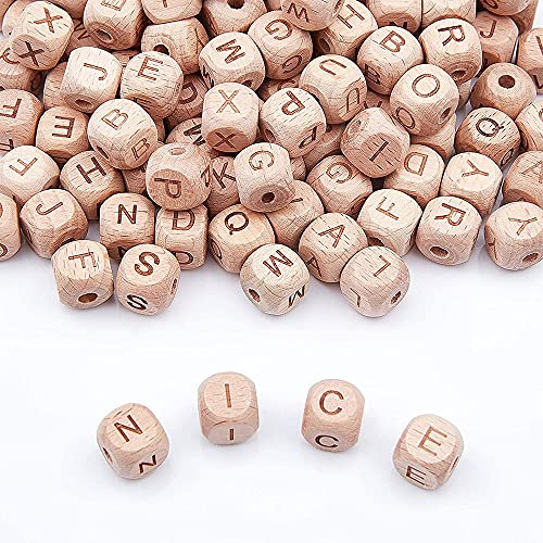 52Pcs Hölzern Buchstabenperlen, Buchstabenperlen Holzperle, Buchstaben-Perlen Holz, Holzfarbe, 12 mm, Verwendet in Schmuckzubehör, Kinderspielzeugzubehör, DIY-Materialien