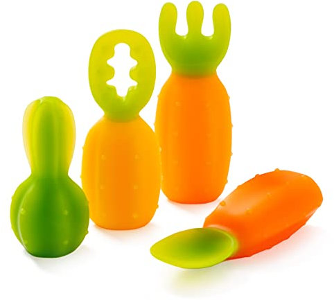 Cubiertos de Bebé Lollipop, Set de 4 utensilios para aprender a comer, (Pre-cuchara fácil, Pre-cuchara, Tenedor de bebé, Cuchara de bebé) (4 colores tipo vegetal)