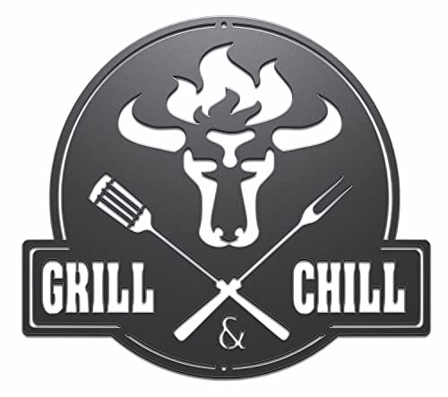 teileplus24 CG02 Gartenschild | Stier + Grill & Chill | 41 x 35,5cm | Stahl | Schwarz