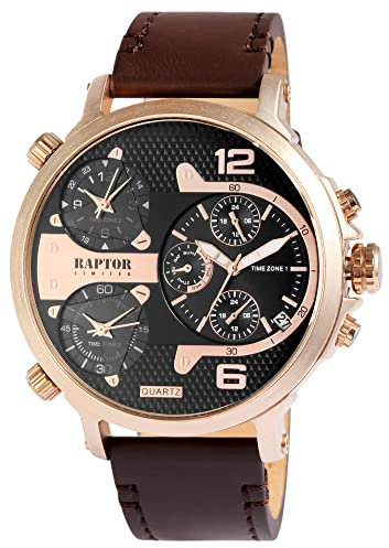 Raptor Limited Herren-Uhr Leder Armbanduhr braun roségoldfarbig 3 Zeitzonen Datums-/ Wochentaganzeige 24 Std. Tachymeter