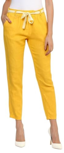 Mississhop 317 Damen Leinenhose lockere Freizeithose Lange Hose mit Gürtel 100% Leinen Gelb