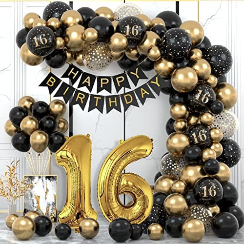 16 Geburtstag Deko, 16. Geburtstag Junge Mädchen, 16 Jahr Geburtstagdeko, Happy Birthday Girlande Ballon Schwarz Gold Deko, Deko 16. Geburtstag Konfetti Luftballons, Birthday Party Decorations