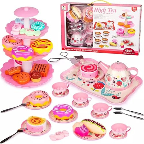 Flex 41 PCS Kids Tea Set for Girls Age 3-6 Pink Pretend Play Tea Party Set with Tin Teapot, Cups, Plates 3 Tier Dessert Stand Cookies Donuts Educational Kitchen Role Play Toy Birthday