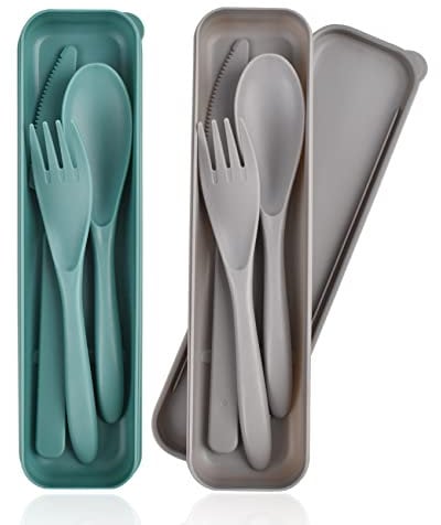 Travel Cutlery Set with Case, 2Pack Portable Cutlery Set Reusable Plastic Forks Spoon Tableware, Camping Cutlery Set for Travel Picnic Outdoor Office School Lunch Box or Daily Use (Gray Green)