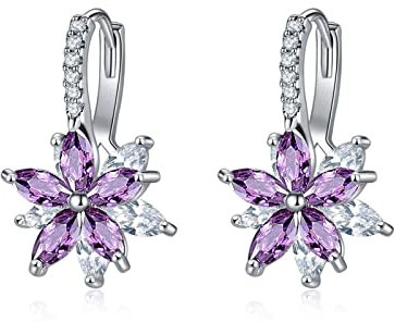 Hoisy 1 Paar Damen Ohrringe Creolen, Zirkonia Ohrringe Braut Blumen Huggie Ohrringe Silber Lila Ohrringe Set Piercing Ohrstecker für Frauen