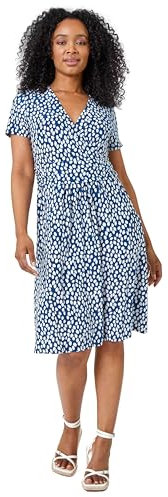 Roman Originals Wrap Dress for Women UK Ladies Swing Skater Fit & Flare A Line Tea Stretch Knee Length V-Neck Holiday Summer Smart Casual Work Party Evening - Petite Navy White - Size 12