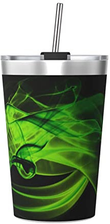 Baykay Green Smoke Abstrakter Becher aus Edelstahl mit Deckel und Strohhalm, isolierter Kaffeebecher für heiße und kalte Getränke, wiederverwendbarer Becher – 340 ml