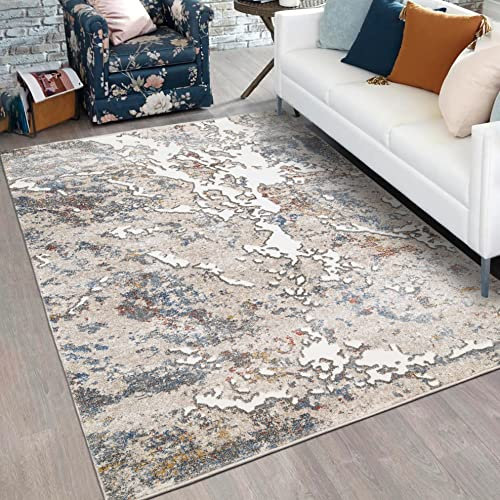 Mazovia Modern Teppich Wohnzimmer, Kurzflor elegant glänzender - Abstrakt Design - Wohnzimmerteppich in Beige Grau 80 x 150 cm