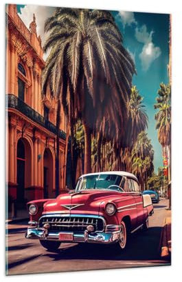 ARTTOR Wandbilder Dekoration Wohnzimmer Retro Auto Palme Bilder auf Glas 80x120cm Glasbild Schlafzimmer Küche Deko Wand Kunstdruck Art Groß XXL Wanddeko Bild im Glas Modern Wall Decor GPA80x120-6173