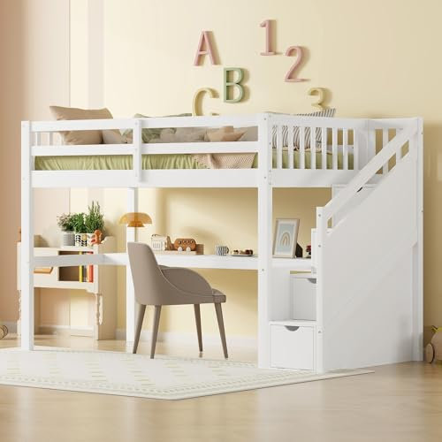 I0I&I0I Cama alta para niños con escritorio y espacio de almacenamiento, madera maciza, color blanco, ideal para el orden y el aprendizaje (blanco, 90 x 200 cm)