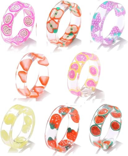 Enyolidimk Süßer Acrylharz-Ring, Motiv: Indie-Sommer, Frucht, transparenter Harzring, bunt, lustig, Geschenk für Damen, Teenager, Mädchen, Schmuck (1,7 cm), 1 Stück, Kunststoff