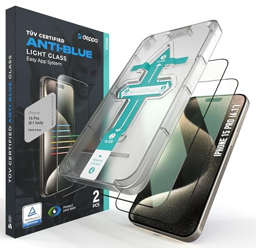 Deppa |2 Stück| für iPhone 15 Pro (6.1') Augenschutz Zertifizierter Blaulichtfilter mit Schablone | Stoßfest | Vollständige Abdeckung | Blasenfreie