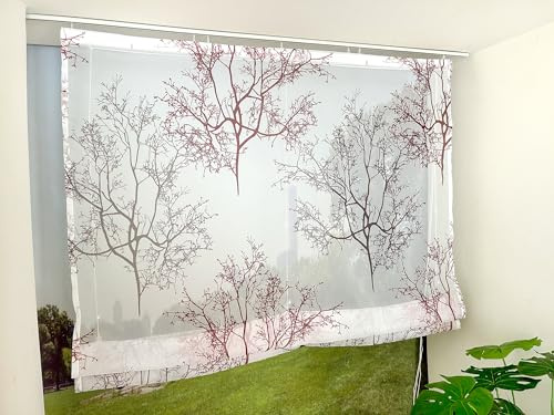 Devola Raffrollo Zweige Gardinen mit Druck Raffgardine Landhaus Rollos für Fenster Küchenvorhang Kurz Transparent Modern Fenstergardinen Wohnzimmer HxB 140x80cm Rot mit Klettband 1 Stück