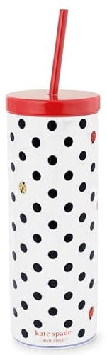 Kate Spade New York Acrylic Tumbler with Lid and Straw, 24 oz Slim Double Wall Tumbler (Ladybug Dot)