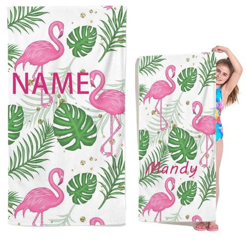 CYSYLQW Personalisiert Flamingo Strandtuch Mit Namen, Personalisierte Handtuch Badetuch Mit Namen Mikrofaser Strandtuch Groß 100x200cm Badetuch Flamingo Blätter Für Kinder (90 x 180 cm,1)